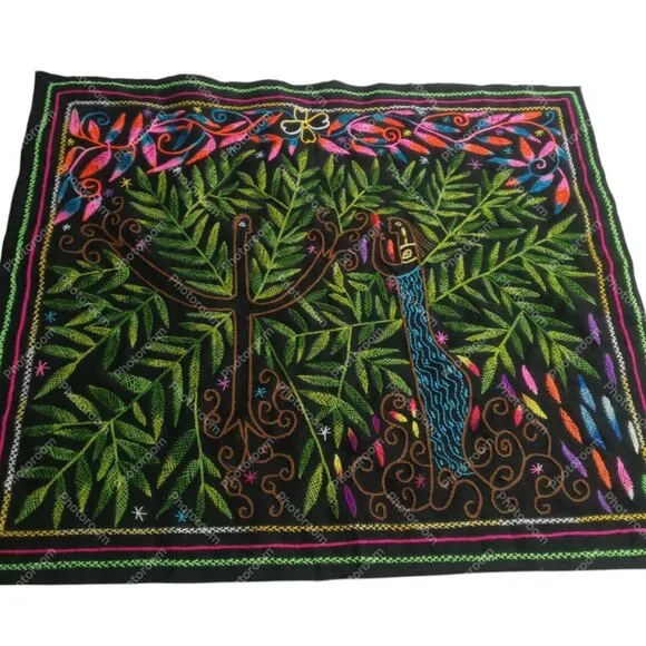 Hand Embroidered Shipibo Blanket Amazon Jungle Mermaid Design